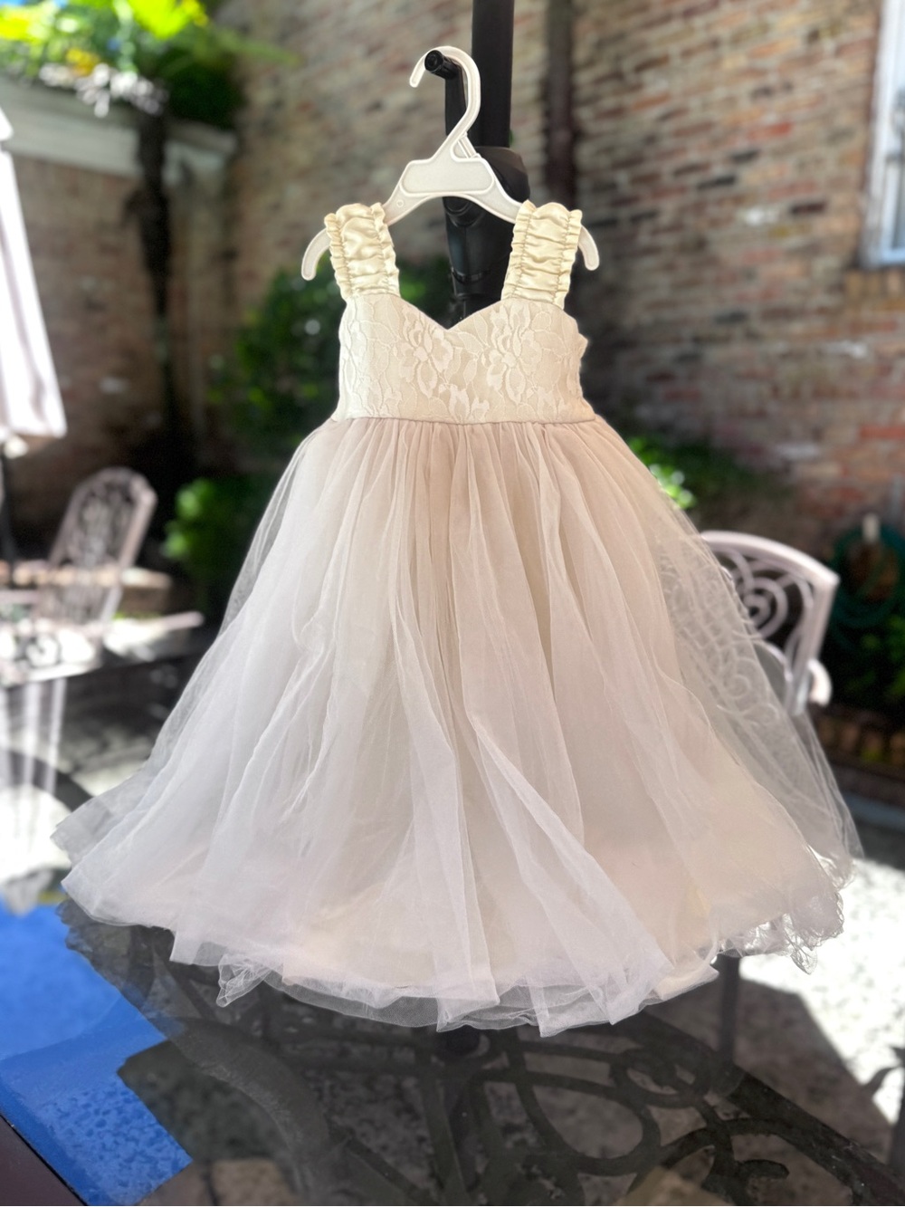 Magnificant, Ivory Lace Tulle Dress with Flutter Sleeves, 4